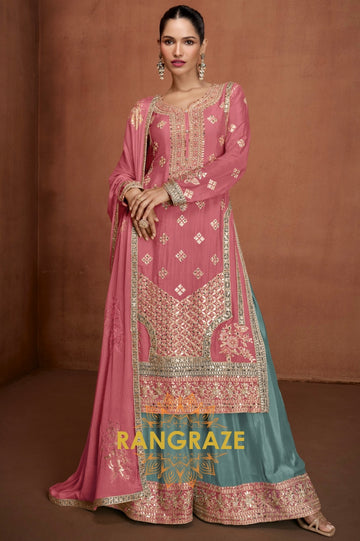Elegant Pink & Teal Embroidered Silk Palazzo Set