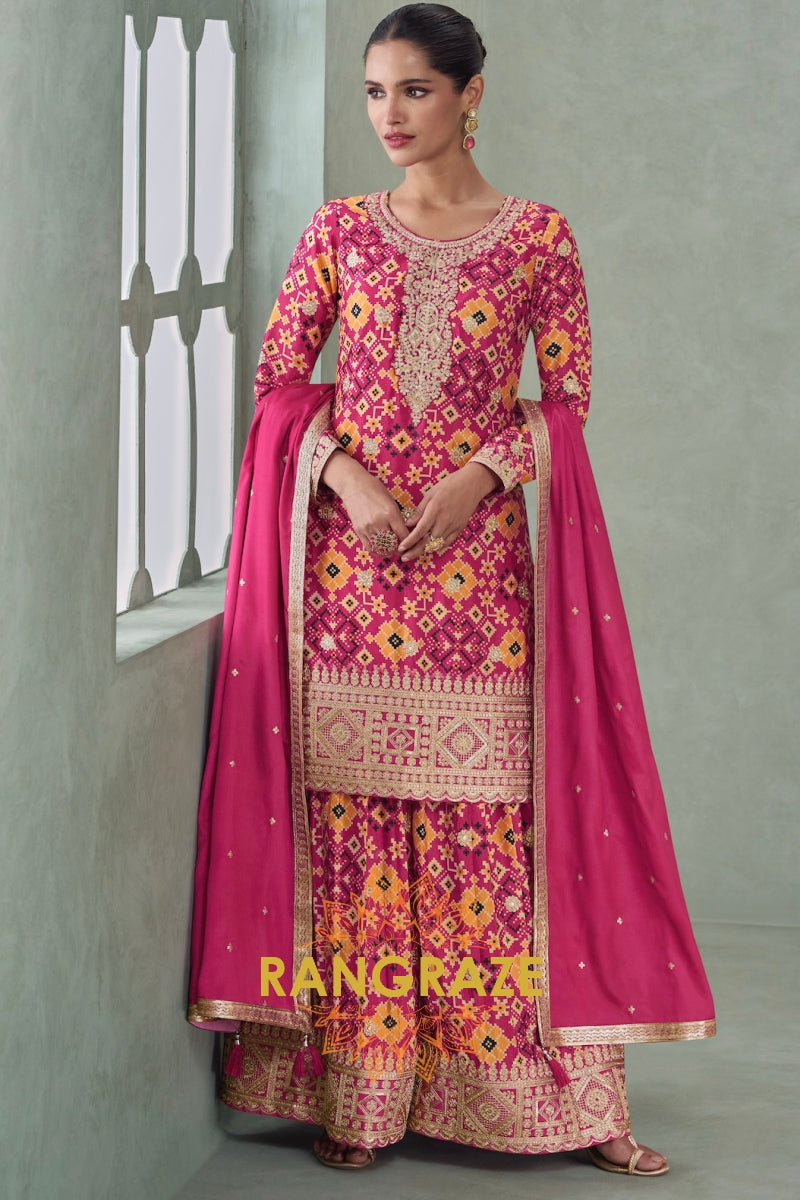 Fuchsia & Mustard Ikat Embroidered Silk Palazzo Suit Set