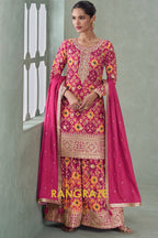 Fuchsia & Mustard Ikat Embroidered Silk Palazzo Suit Set