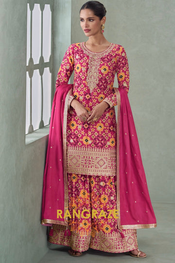 Fuchsia & Mustard Ikat Embroidered Silk Palazzo Set