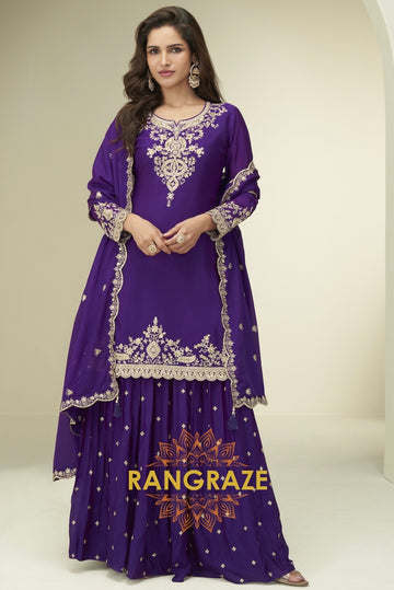 Royal Purple Embroidered Chinon Silk Sharara Set