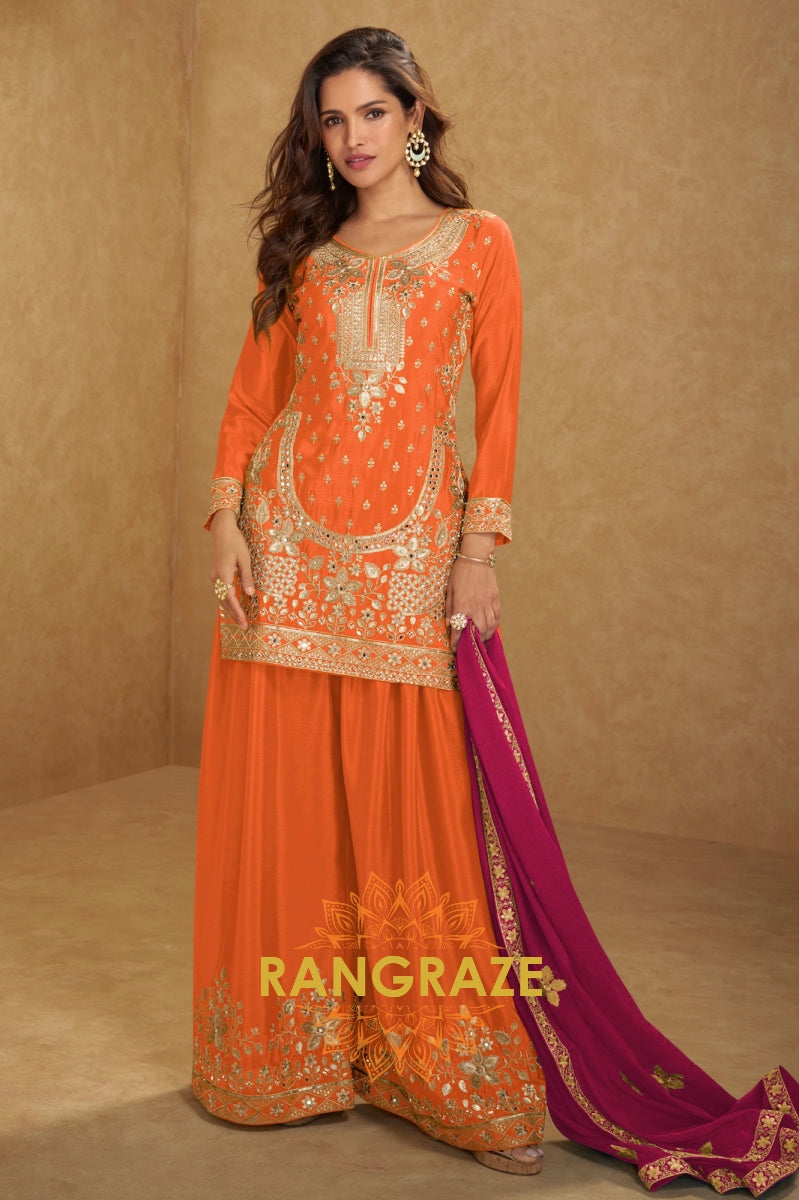 Radiant Orange Embroidered Silk Palazzo Suit Set