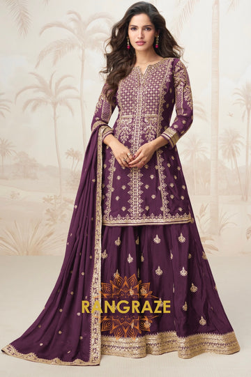 Plum Purple Embroidered Silk Skirt Set