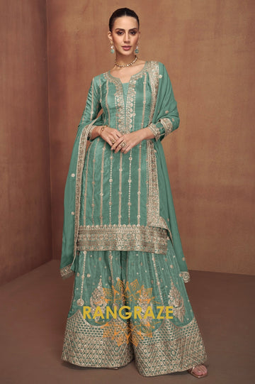 Elegant Teal Green Embroidered Silk Palazzo Set