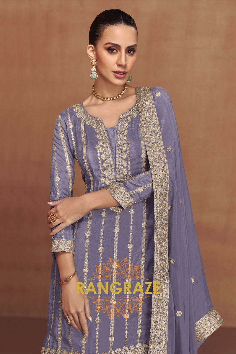 Lavender Embroidered Chinon Silk Palazzo Set