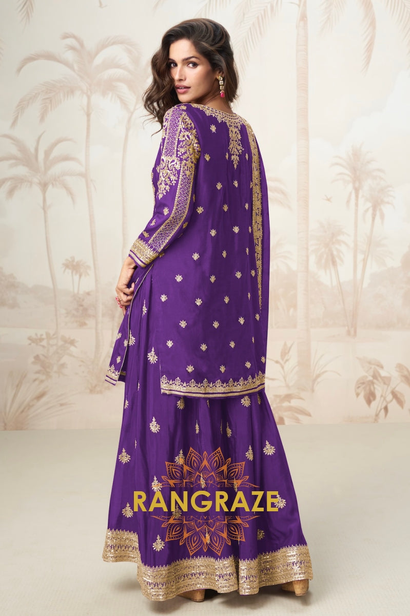 Regal Purple Embroidered Chinon Silk Skirt Suit Set