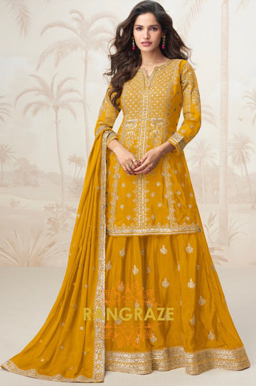 Radiant Mustard Embroidered Chinon Silk Skirt Set