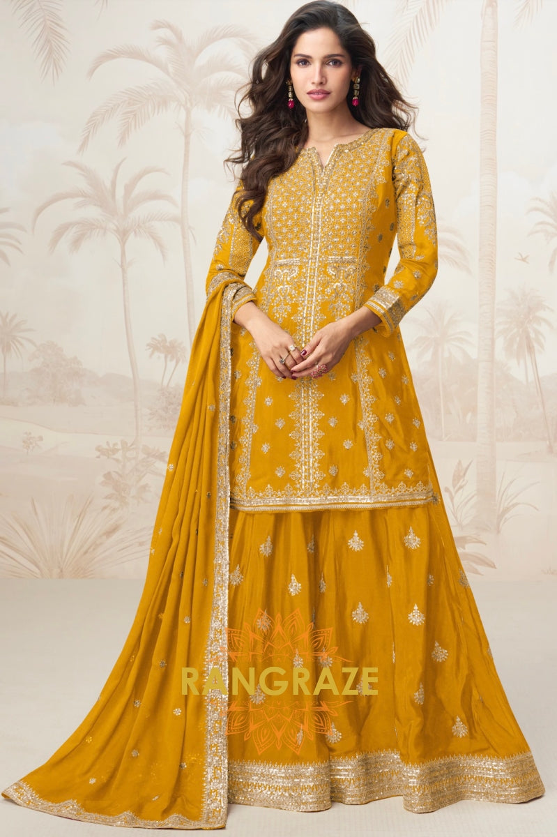 Radiant Mustard Embroidered Chinon Silk Skirt Suit Set