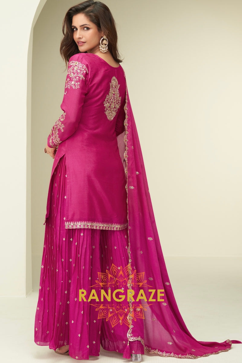Classic Fuchsia Pink Embroidered Chinon Silk Sharara Set