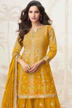 Radiant Mustard Embroidered Chinon Silk Skirt Suit Set