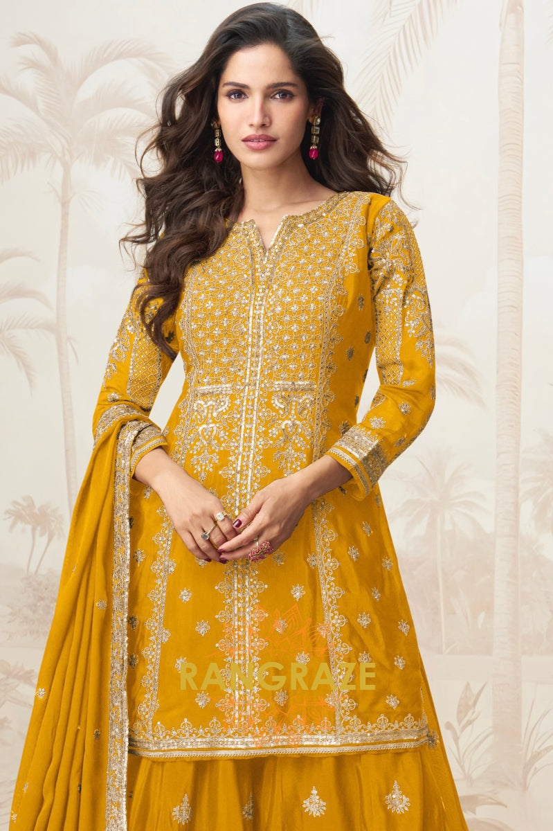 Radiant Mustard Embroidered Chinon Silk Skirt Suit Set