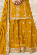 Radiant Mustard Embroidered Chinon Silk Skirt Suit Set