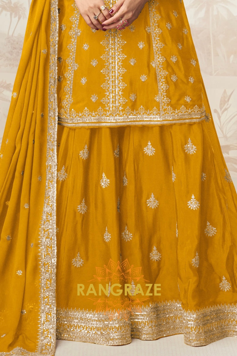 Radiant Mustard Embroidered Chinon Silk Skirt Suit Set