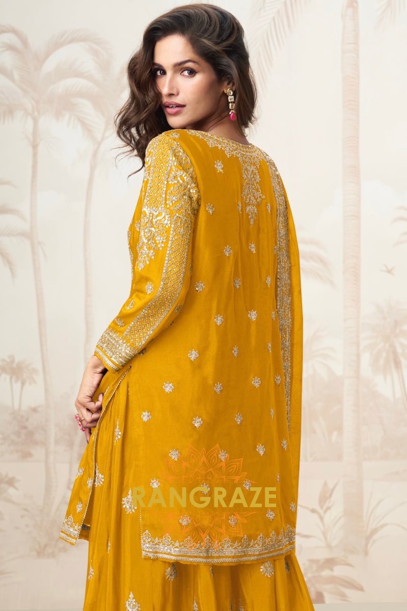 Radiant Mustard Embroidered Chinon Silk Skirt Suit Set