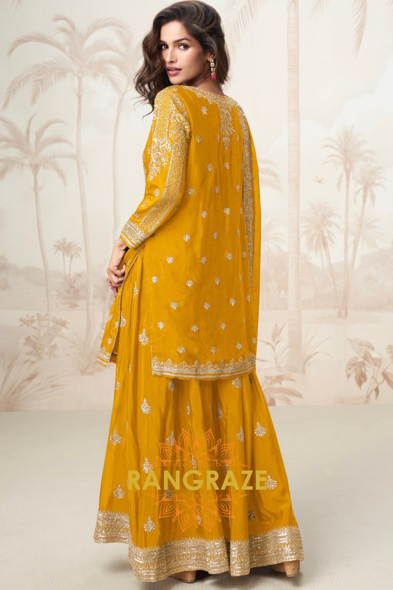 Radiant Mustard Embroidered Chinon Silk Skirt Suit Set
