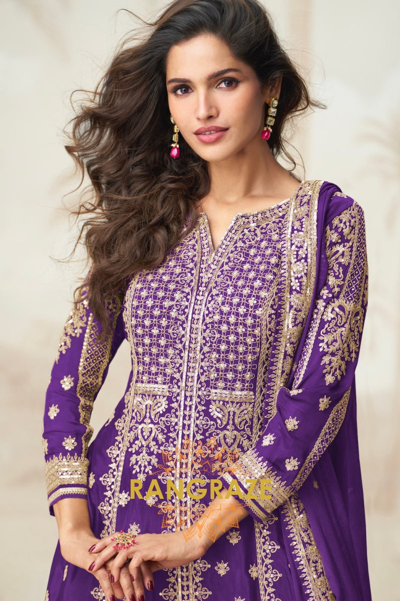 Regal Purple Embroidered Chinon Silk Skirt Suit Set