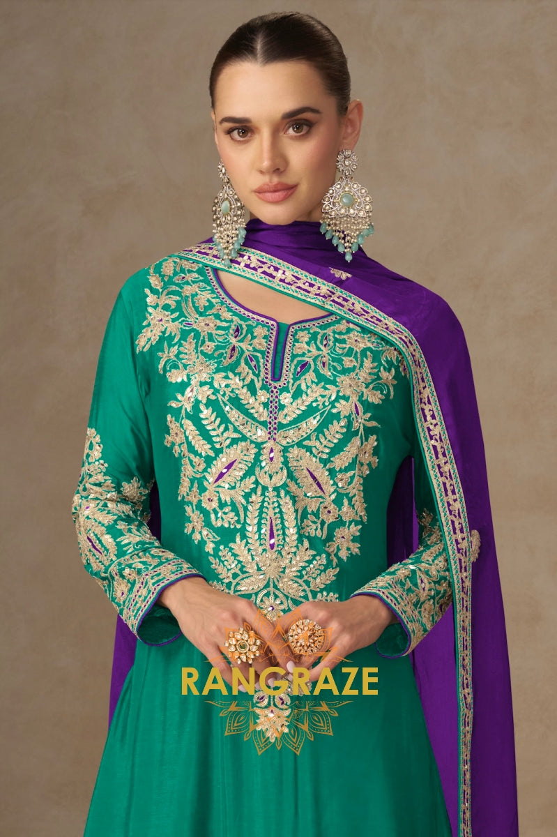 Emerald Green & Purple Embroidered Silk Palazzo Suit