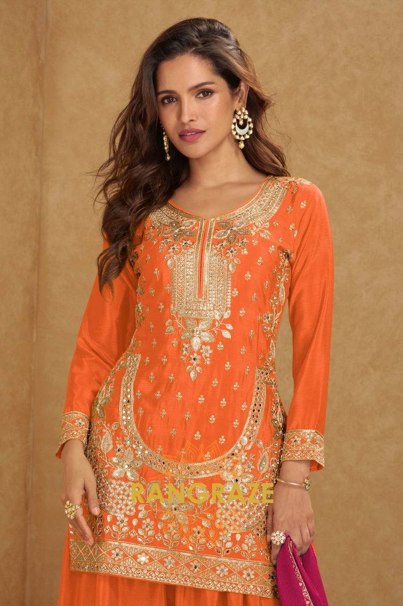 Radiant Orange Embroidered Silk Palazzo Suit Set