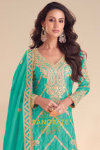 Radiant Sea Green Embroidered Silk Sharara Suit Set