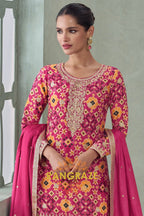 Fuchsia & Mustard Ikat Embroidered Silk Palazzo Suit Set