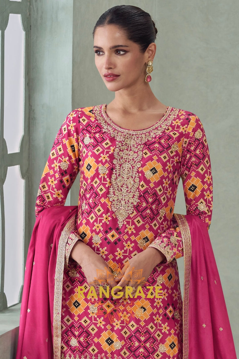 Fuchsia & Mustard Ikat Embroidered Silk Palazzo Suit Set