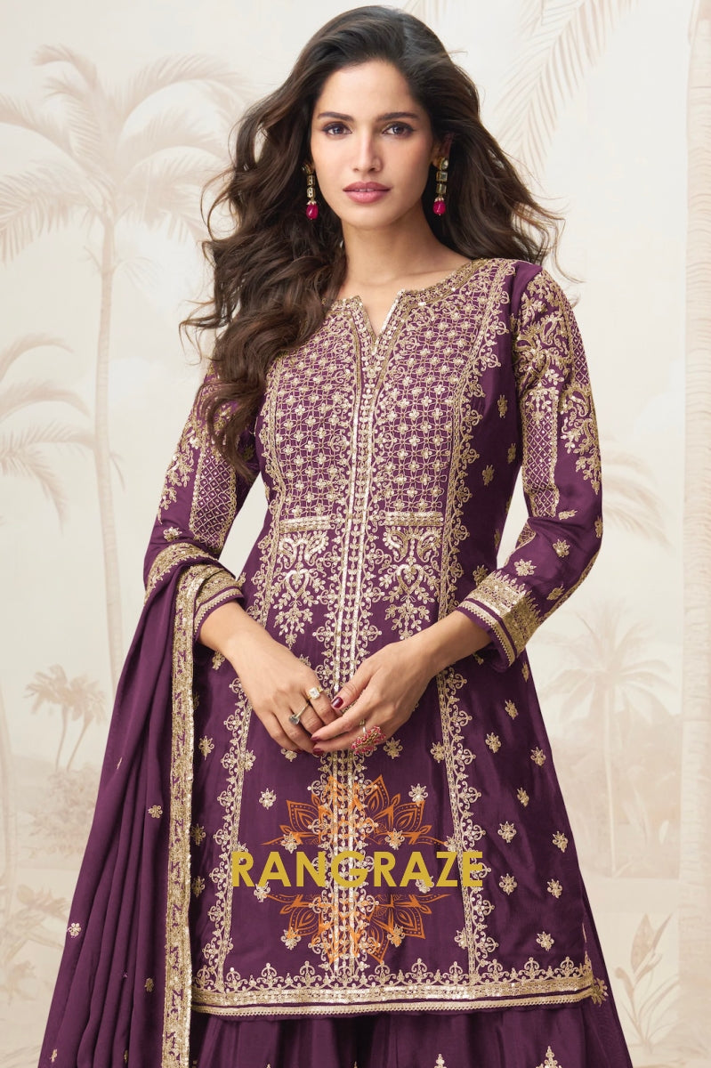 Plum Purple Embroidered Silk Skirt Suit Set