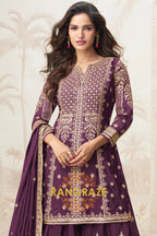 Plum Purple Embroidered Silk Skirt Suit Set