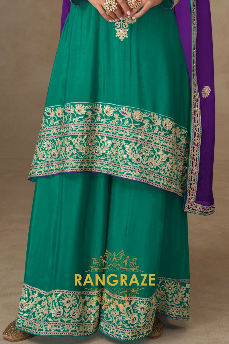 Emerald Green & Purple Embroidered Silk Palazzo Suit