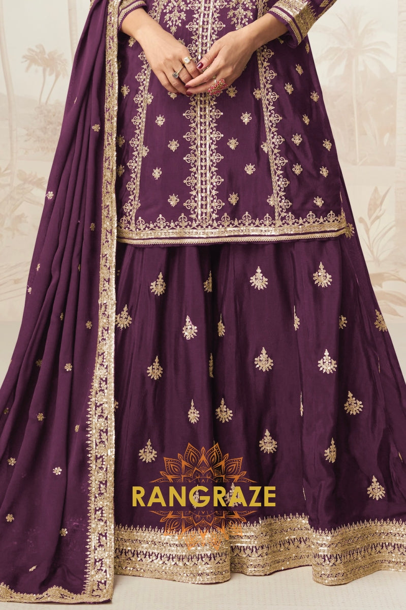 Plum Purple Embroidered Silk Skirt Suit Set