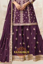 Plum Purple Embroidered Silk Skirt Suit Set