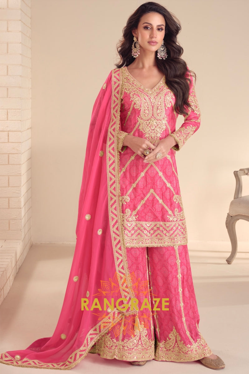 Radiant Rani Pink Embroidered Silk Sharara Suit Set