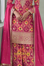 Fuchsia & Mustard Ikat Embroidered Silk Palazzo Suit Set