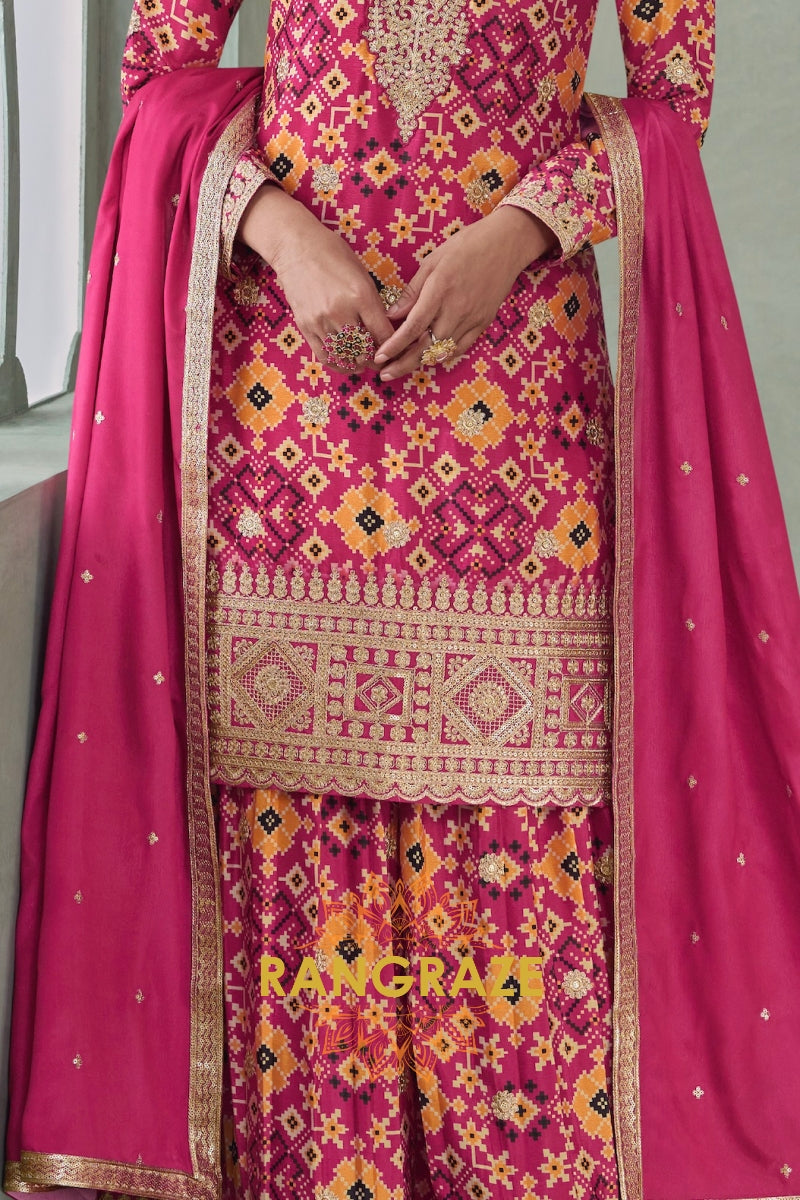 Fuchsia & Mustard Ikat Embroidered Silk Palazzo Suit Set