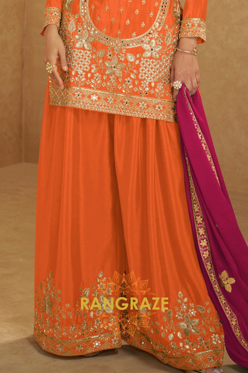 Radiant Orange Embroidered Silk Palazzo Suit Set