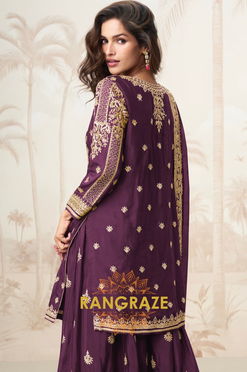 Plum Purple Embroidered Silk Skirt Suit Set
