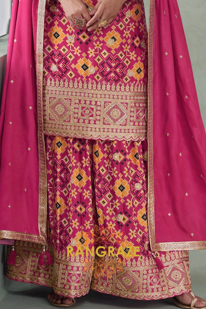 Fuchsia & Mustard Ikat Embroidered Silk Palazzo Suit Set