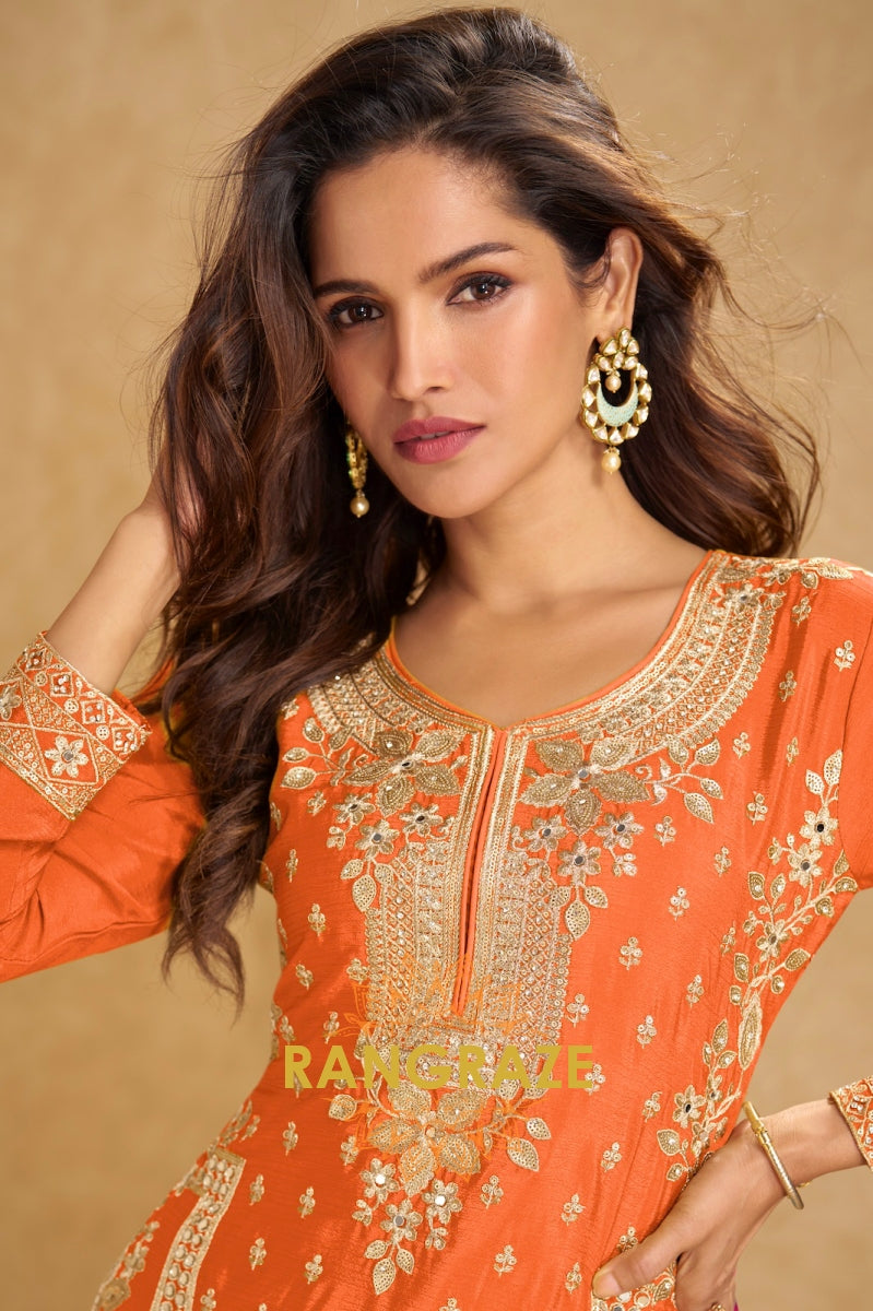 Radiant Orange Embroidered Silk Palazzo Suit Set