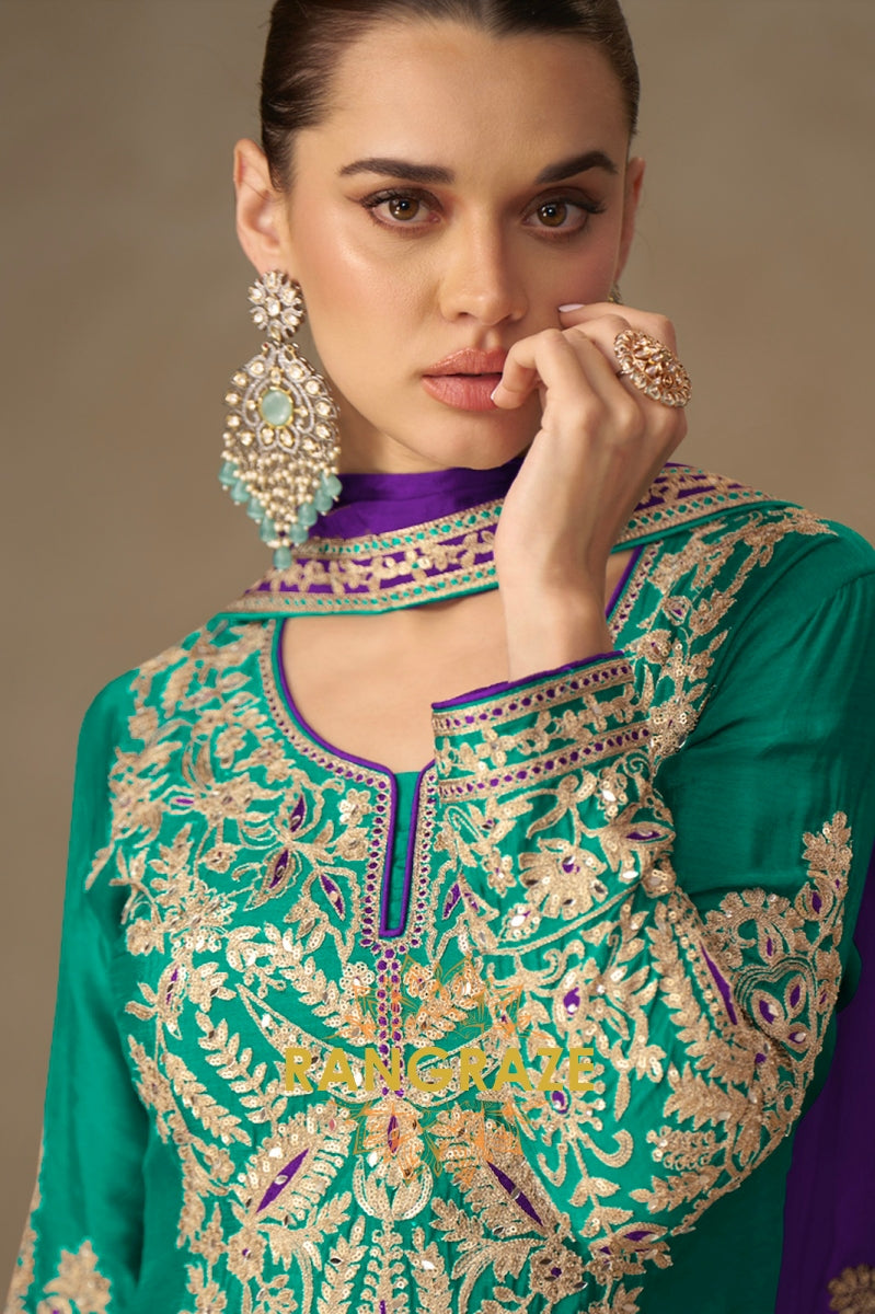 Emerald Green & Purple Embroidered Silk Palazzo Suit
