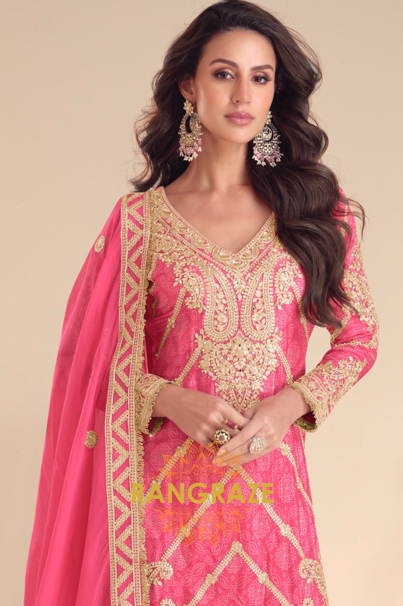 Radiant Rani Pink Embroidered Silk Sharara Suit Set