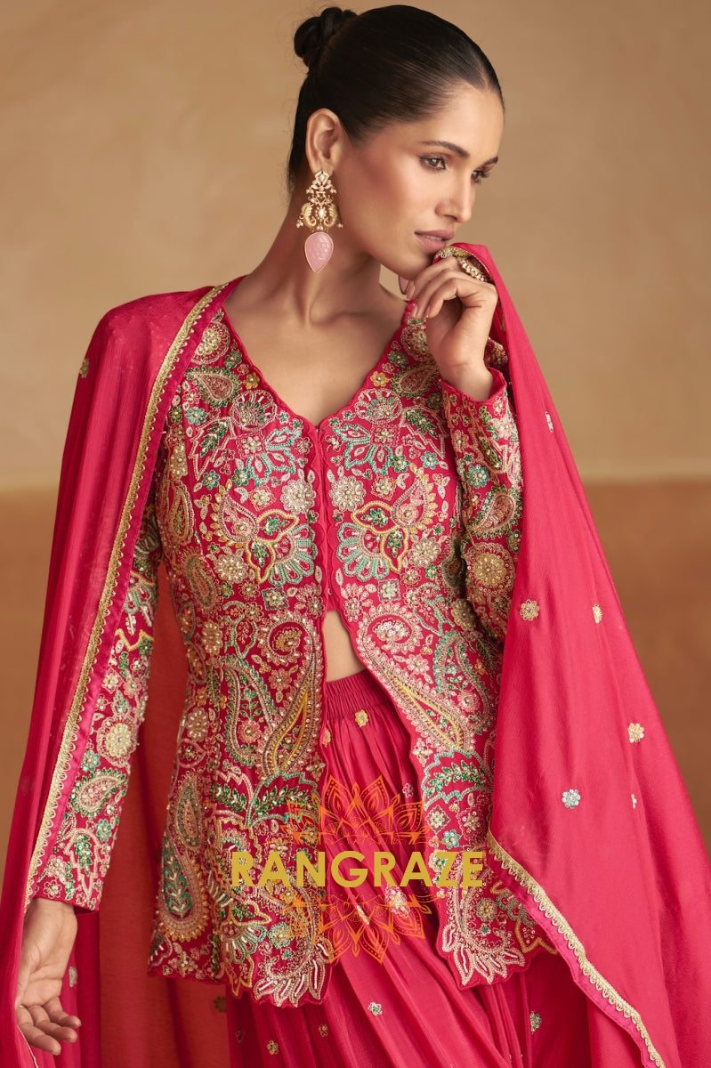 Ruby Red Embroidered Chinon Silk Sharara Set