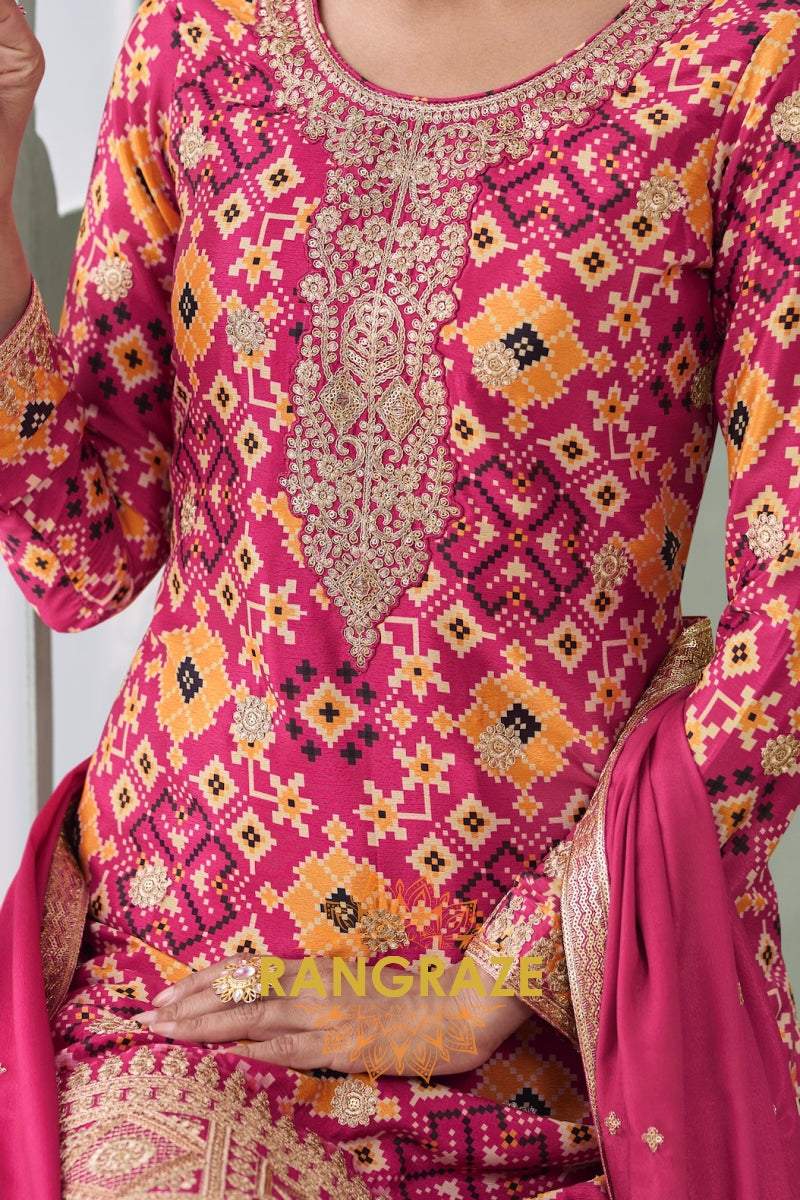 Fuchsia & Mustard Ikat Embroidered Silk Palazzo Suit Set