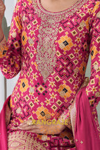 Fuchsia & Mustard Ikat Embroidered Silk Palazzo Suit Set