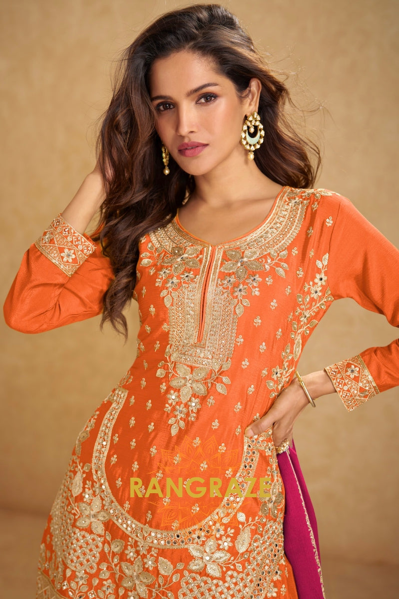 Radiant Orange Embroidered Silk Palazzo Suit Set
