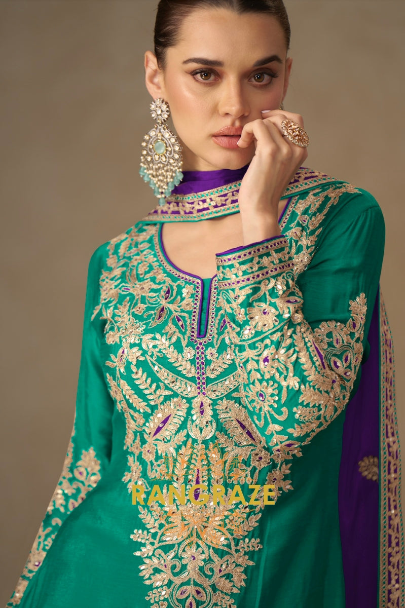 Emerald Green & Purple Embroidered Silk Palazzo Suit
