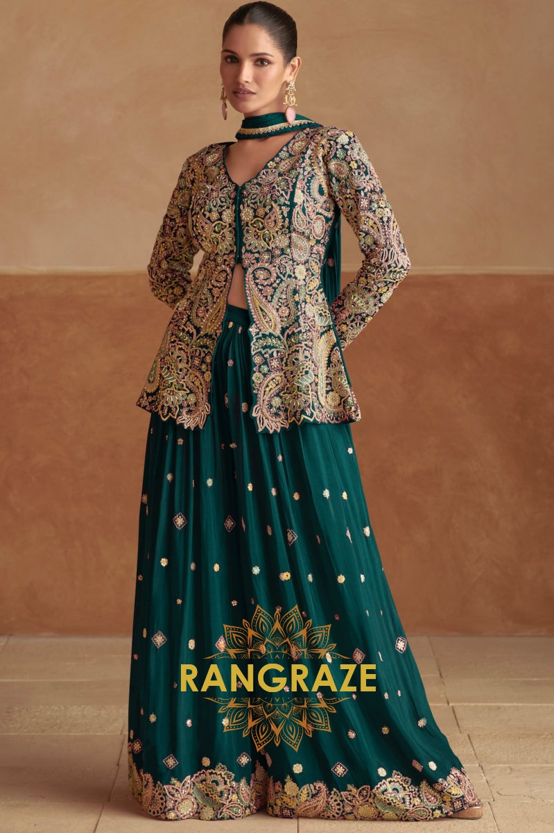 Emerald Green Embroidered Chinon Silk Sharara Suit Set