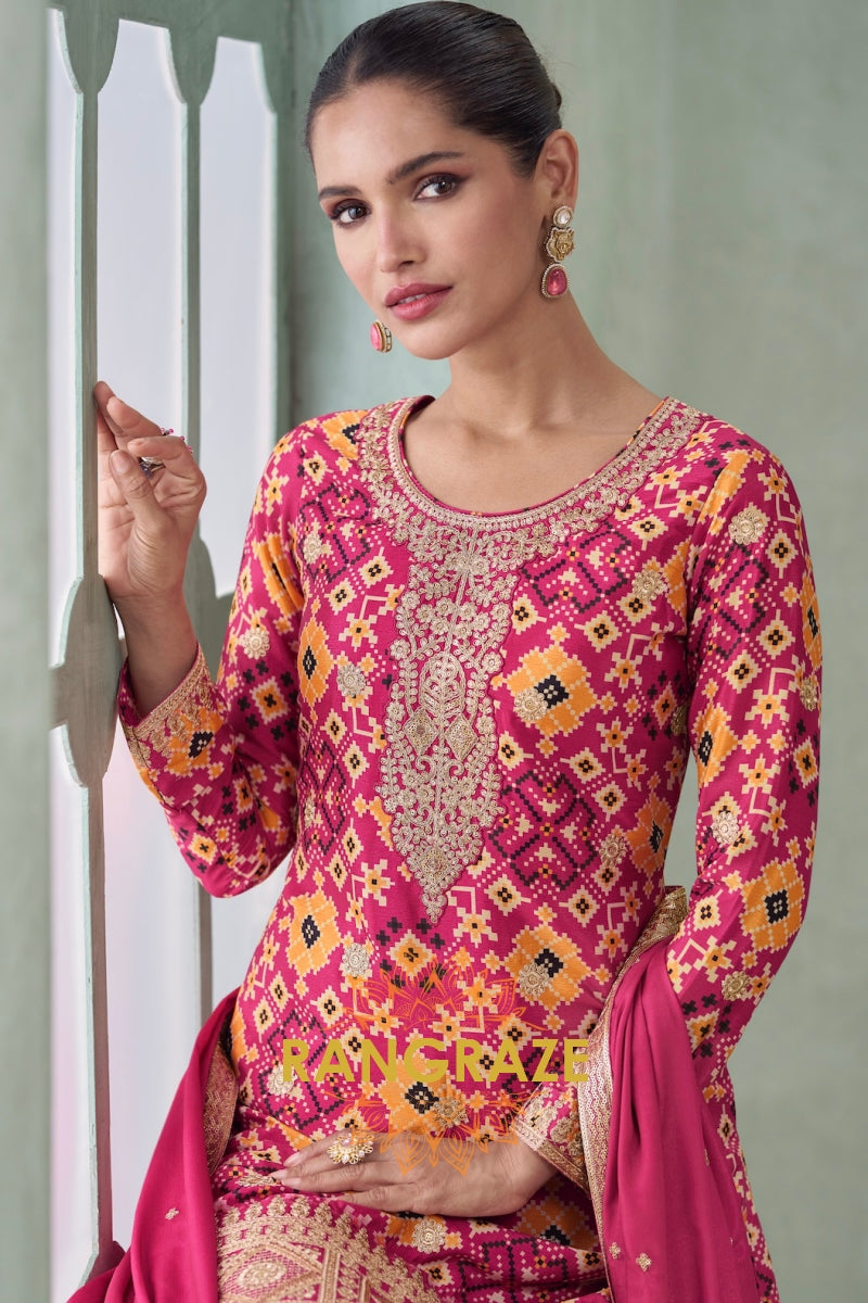 Fuchsia & Mustard Ikat Embroidered Silk Palazzo Suit Set