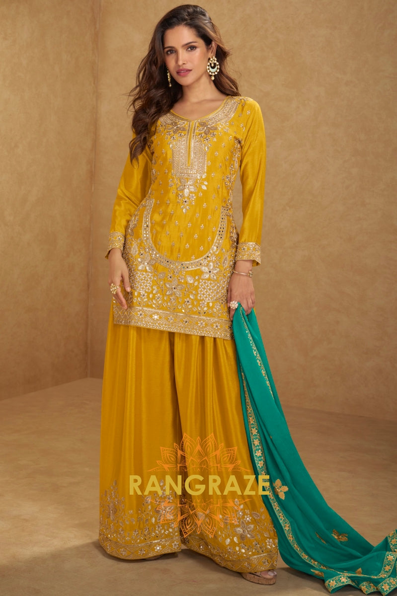 Marigold Yellow Embroidered Silk Palazzo Suit