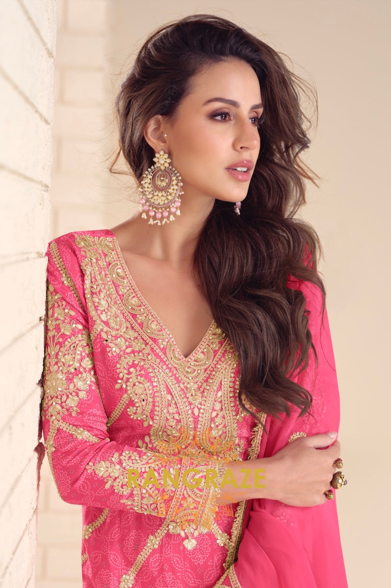 Radiant Rani Pink Embroidered Silk Sharara Suit Set