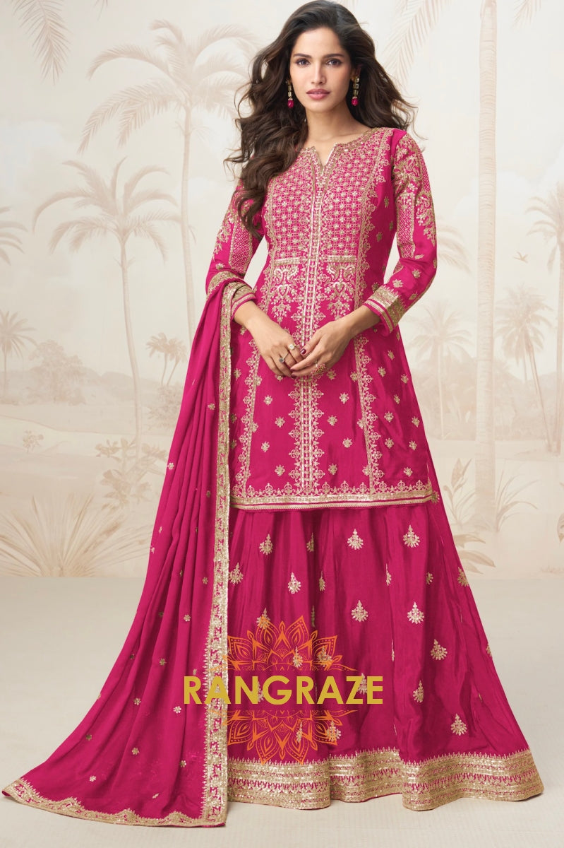 Radiant Rani Pink Embroidered Silk Skirt Suit Set