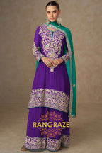 Regal Purple & Teal Embroidered Silk Sharara Suit Set